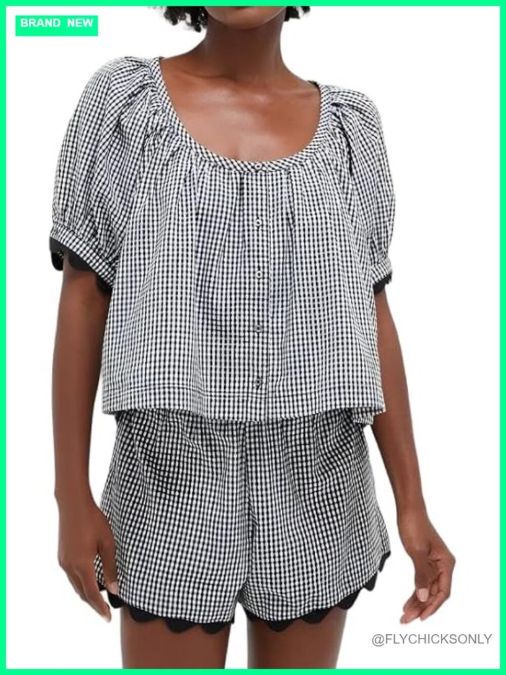 Women's Gingham 2 Piece Set Puff Sleeve Scalloped Hem Cotton Matching Outfit